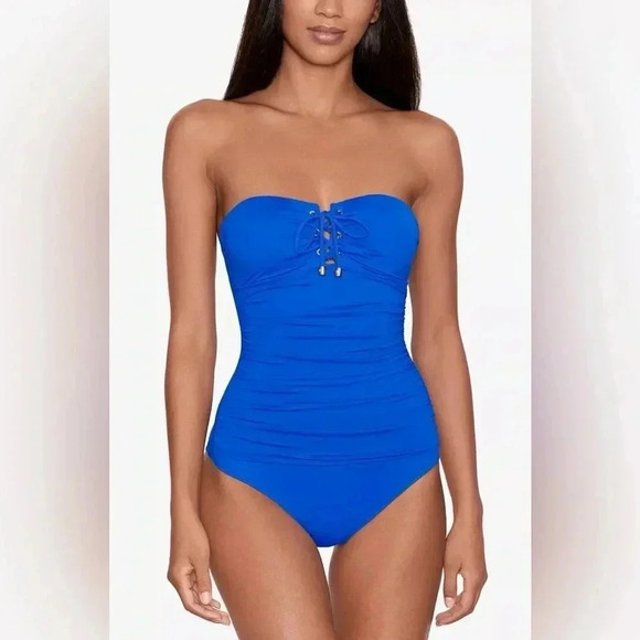 Ralph Lauren Royal Blue Lace-Up Bandeau Tummy-Control One-Piece Swimsuit Size 12 - Picture 3 of 11